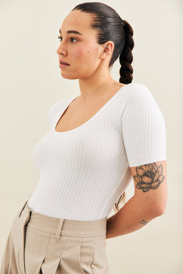rib knit short sleeve white body suit made by noon