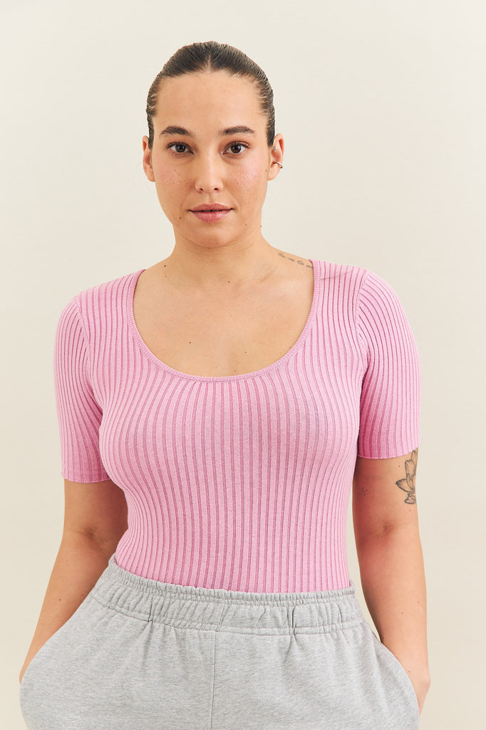 rib knit short sleeve pink body suit made by noon
