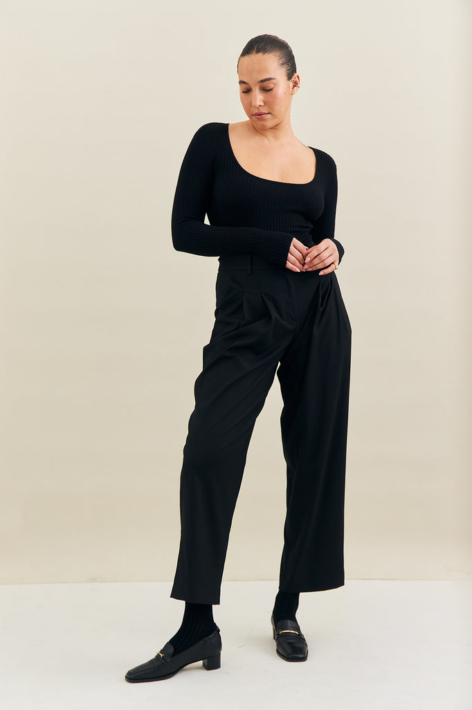 rib knit long sleeve black body suit made by noon