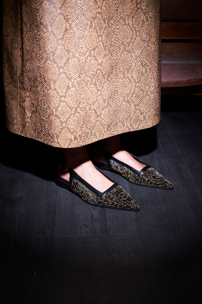 flat sling back shoes, made of leather and embroidered net, hand made in portugal by noon 