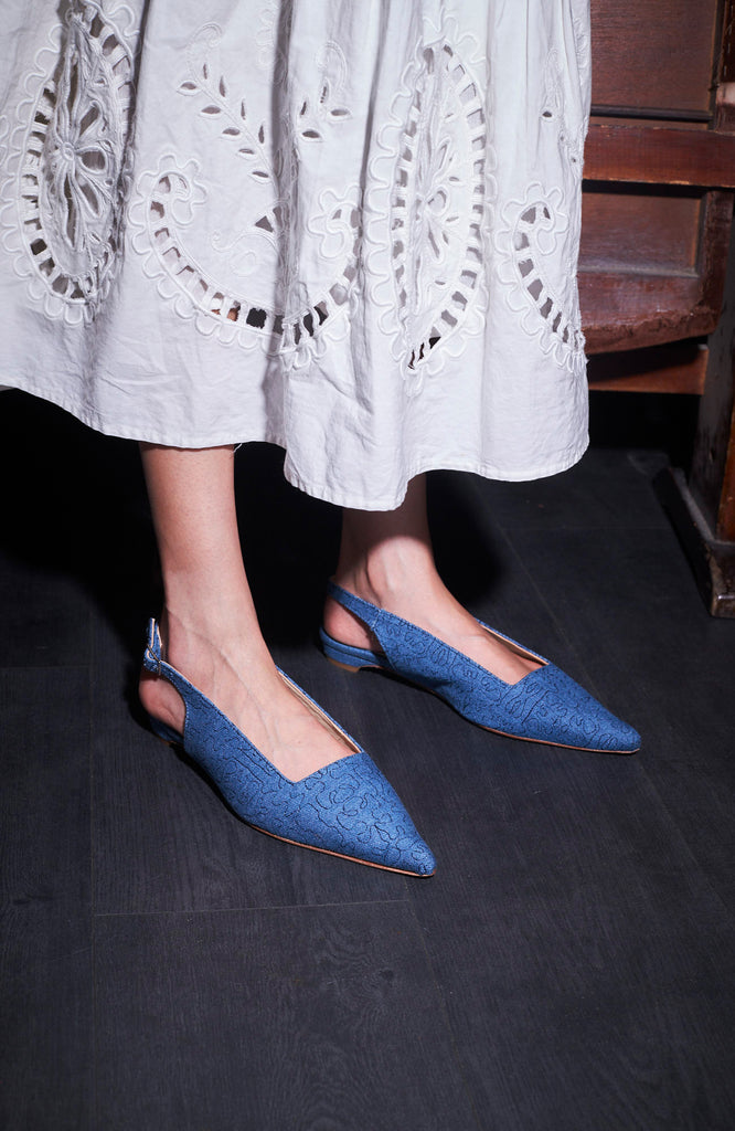 flat sling back shoes, made of embroidered denim and leather lining, hand made in portugal by noon